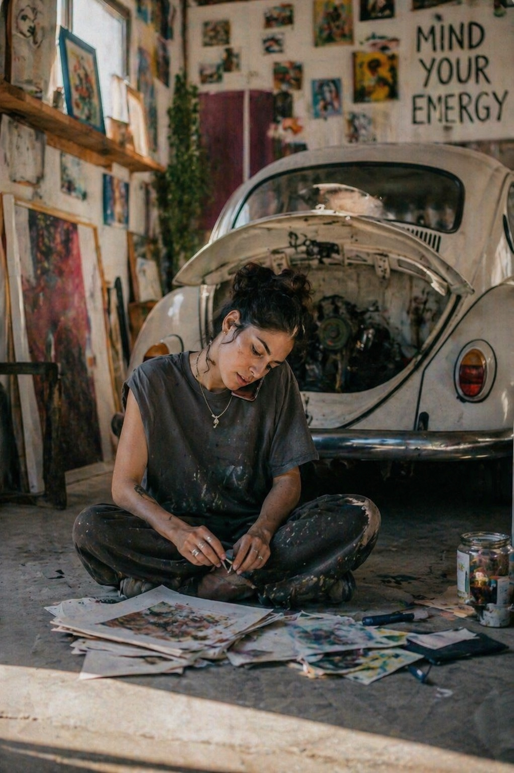 A long-time customer on a phone call in her studio